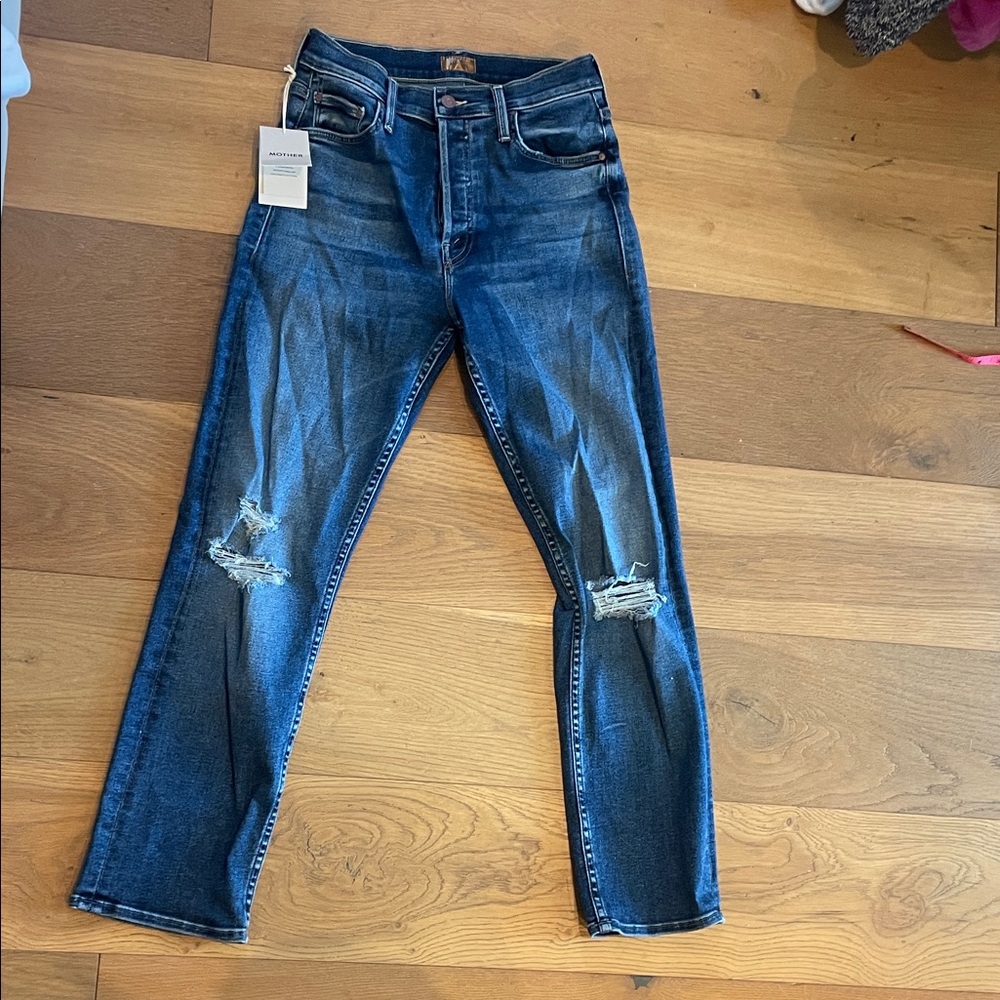 MOTHER The Tomcat Ankle Women's Dark Blue Distressed Boyfriend Jeans